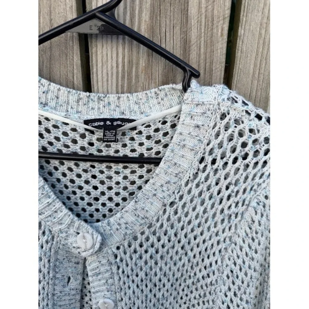 Boho Crochet Open Knit Cable & Gauge Cardigan XL Blue White Marled Mesh Sweater